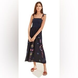 Figue Azalea Tie-Strap Midi Dress | blue embroidered | size small